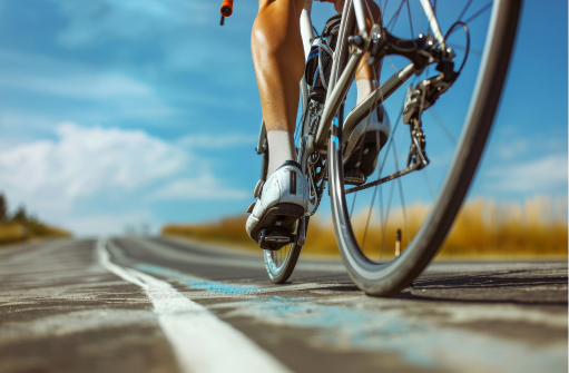 gros plan sur les roues d'un vélos entrain de rouler sur une routes en béton